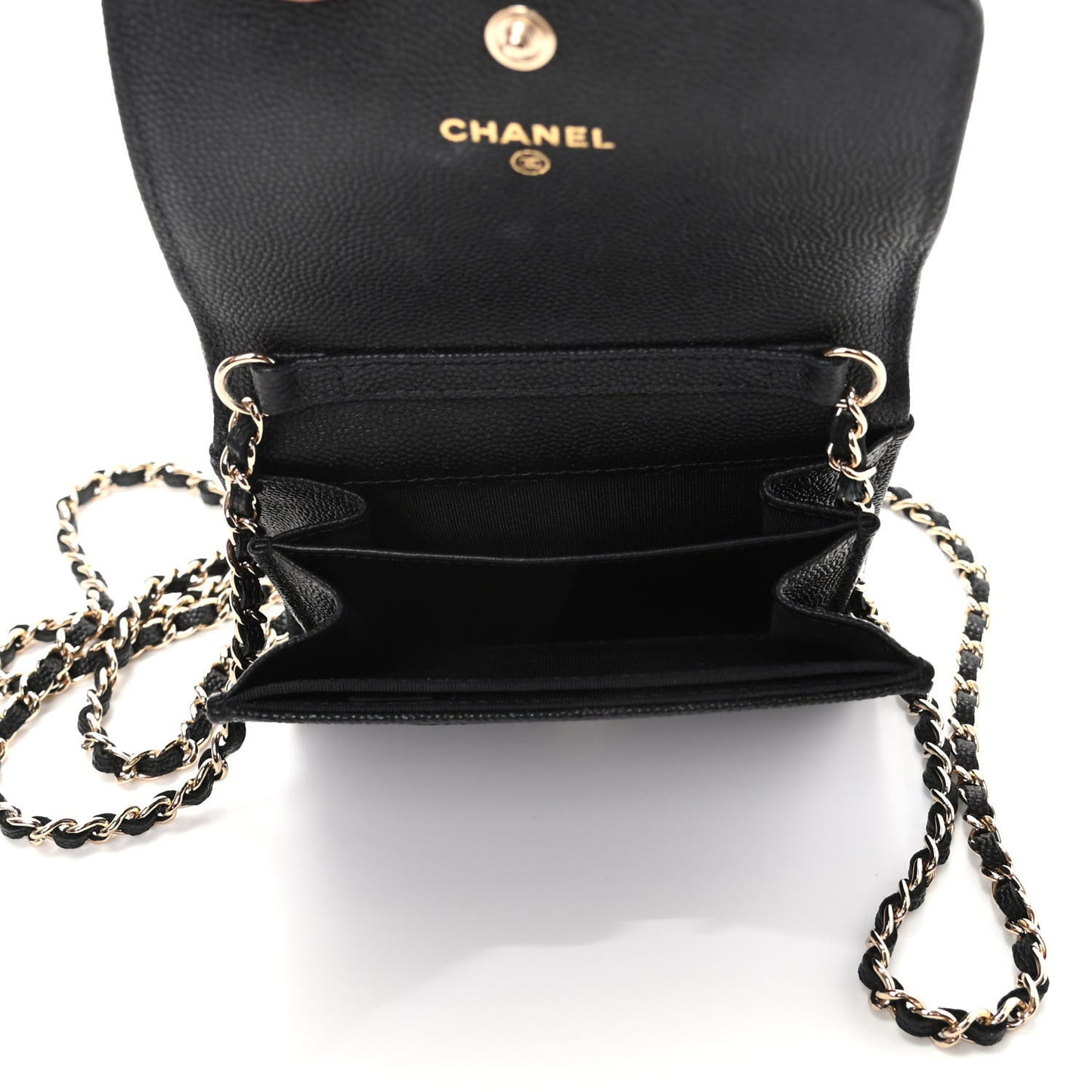 Caviar Quilted Vintage Mademoiselle Card Holder On Chain Black