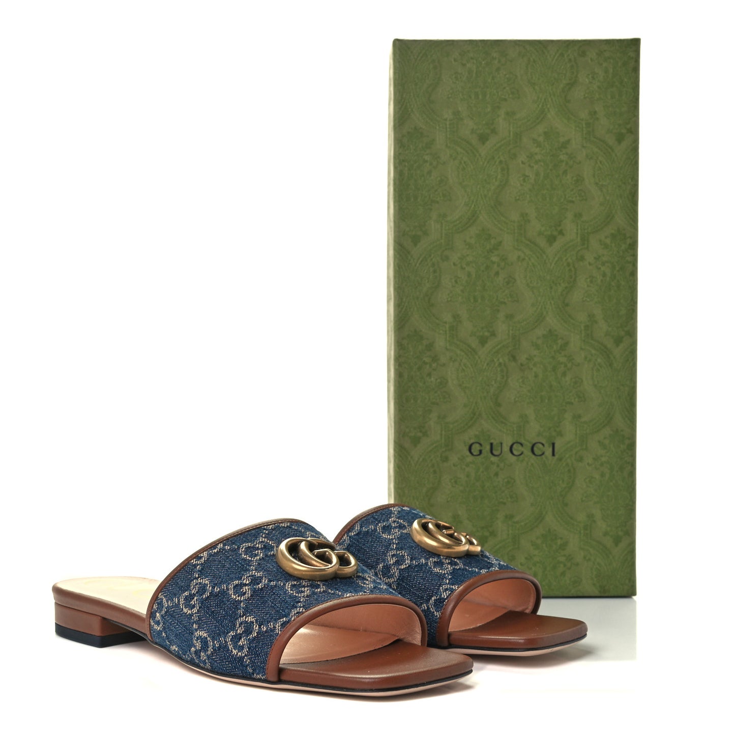 New Denim GG Monogram Miro Soft Calfskin Jolie Slide Sandals 39 Blue Tea Cuir Epilog