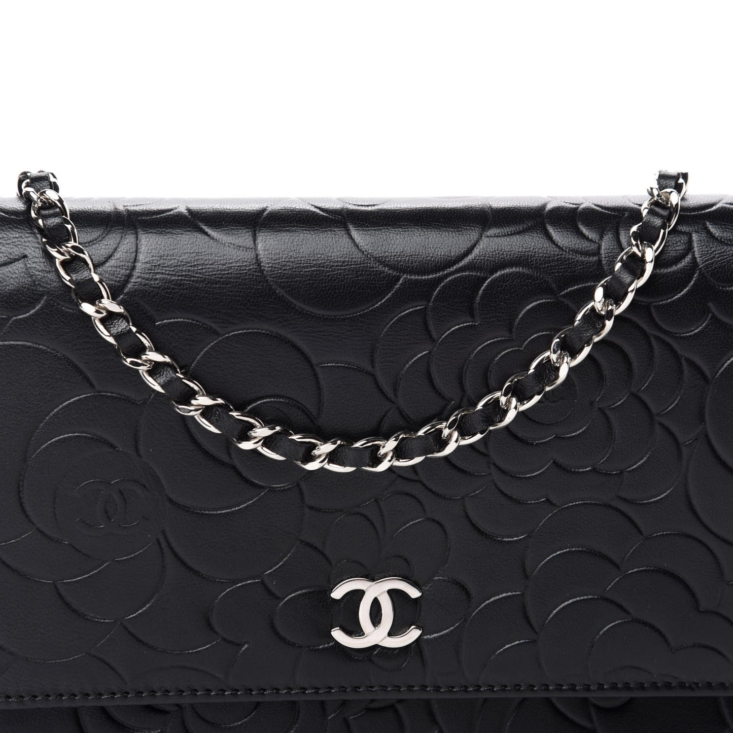 Lambskin Camellia Embossed Wallet on Chain WOC Black