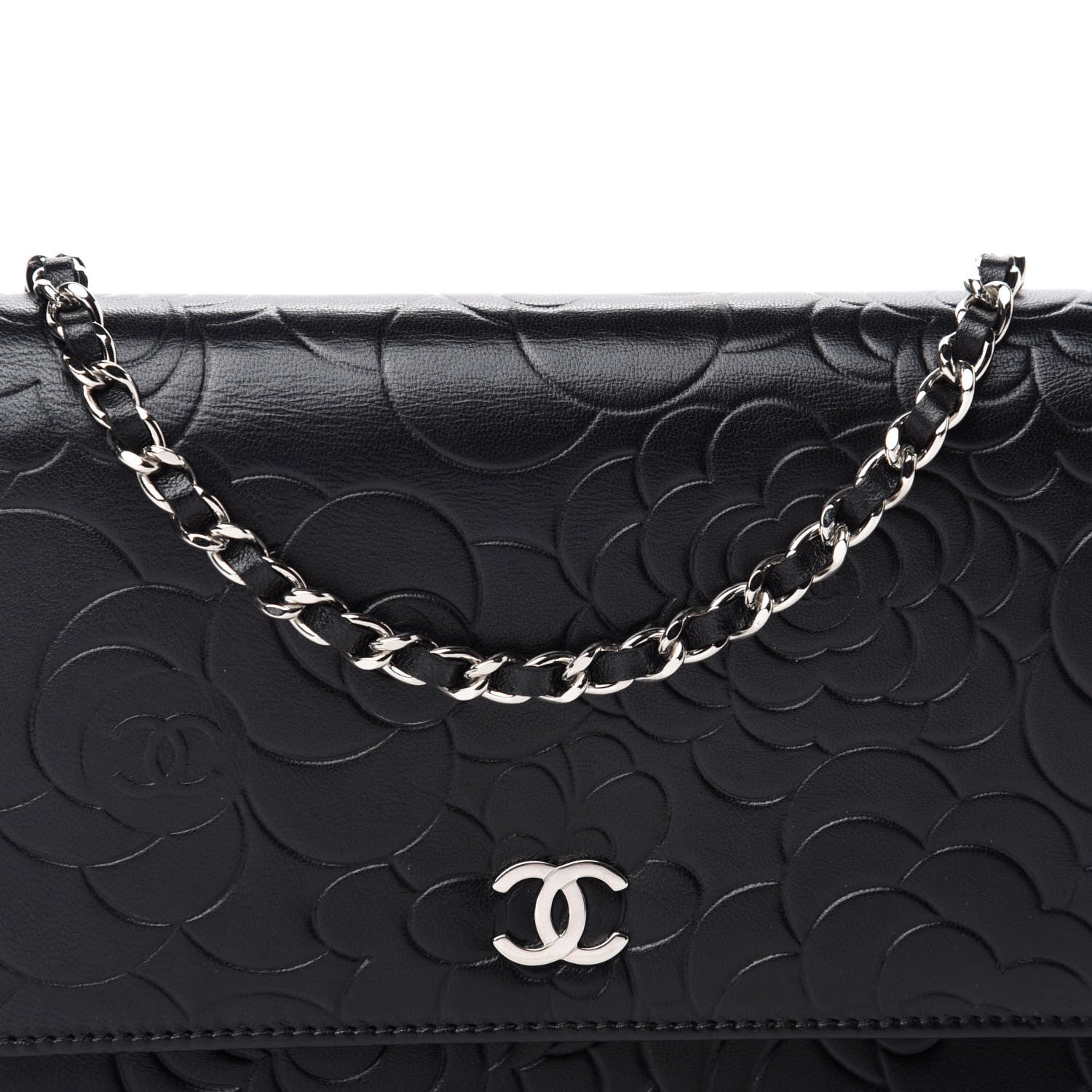 Chanel Lambskin Camellia Embossed Wallet on Chain WOC Black 11 of 12