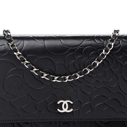 Chanel Lambskin Camellia Embossed Wallet on Chain WOC Black 11 of 12