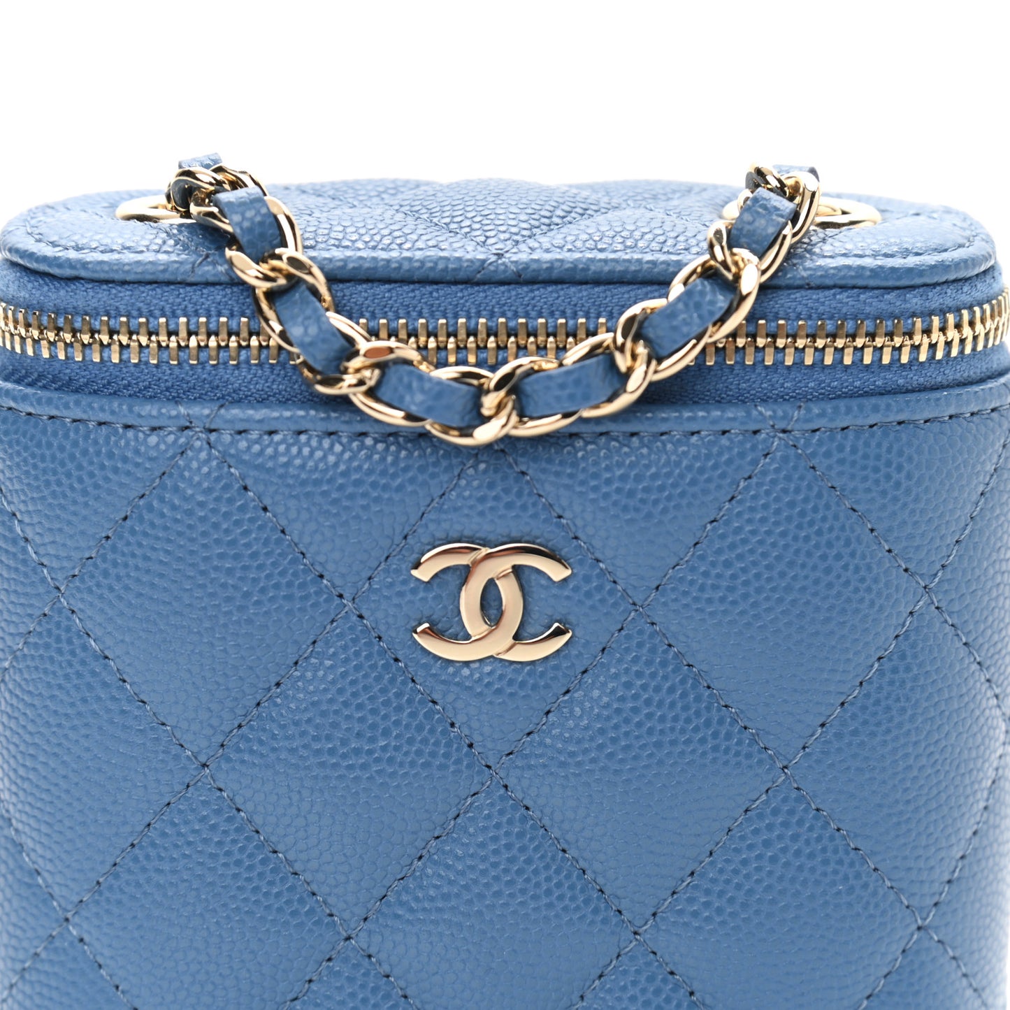 Caviar Quilted Small Vertical Coco Beauty Vanity Case With Chain Blue