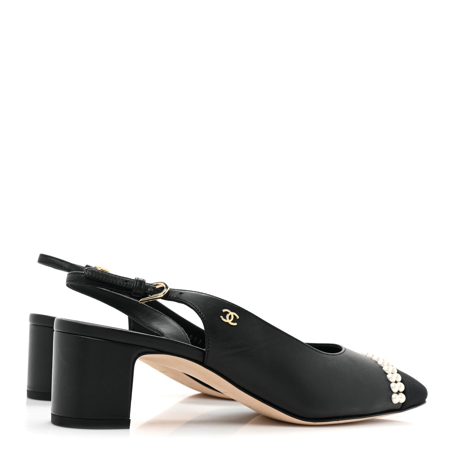 Lambskin Grosgrain Pearl Cap Toe CC Slingback Pumps 38 Black