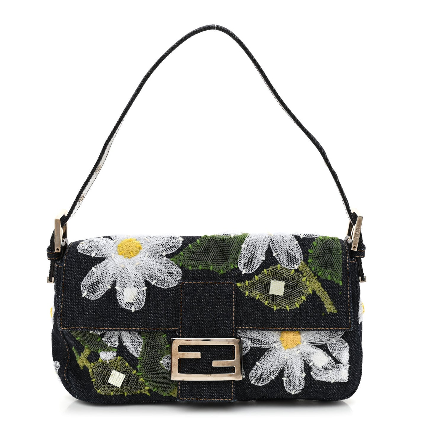 Denim Flower Applique Baguette Blue