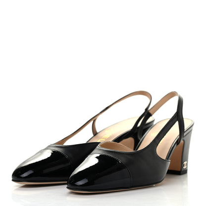 Chanel Lambskin Patent Cap Toe CC Slingback Sandals 38 Black 3 of 8