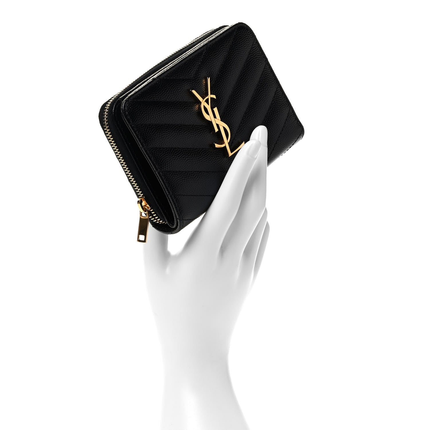 Saint Laurent Grain De Poudre Matelasse Chevron Monogram Compact Zip Around Wallet Black 2 of 7