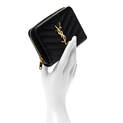 Saint Laurent Grain De Poudre Matelasse Chevron Monogram Compact Zip Around Wallet Black 2 of 7