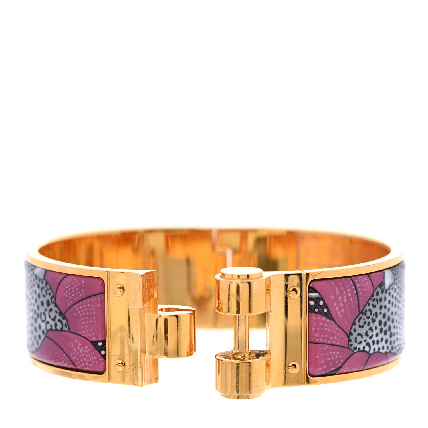 Hermes Enamel Printed Charniere Baobab Cat Wide Hinged Bracelet L Faux Gris 4 of 7