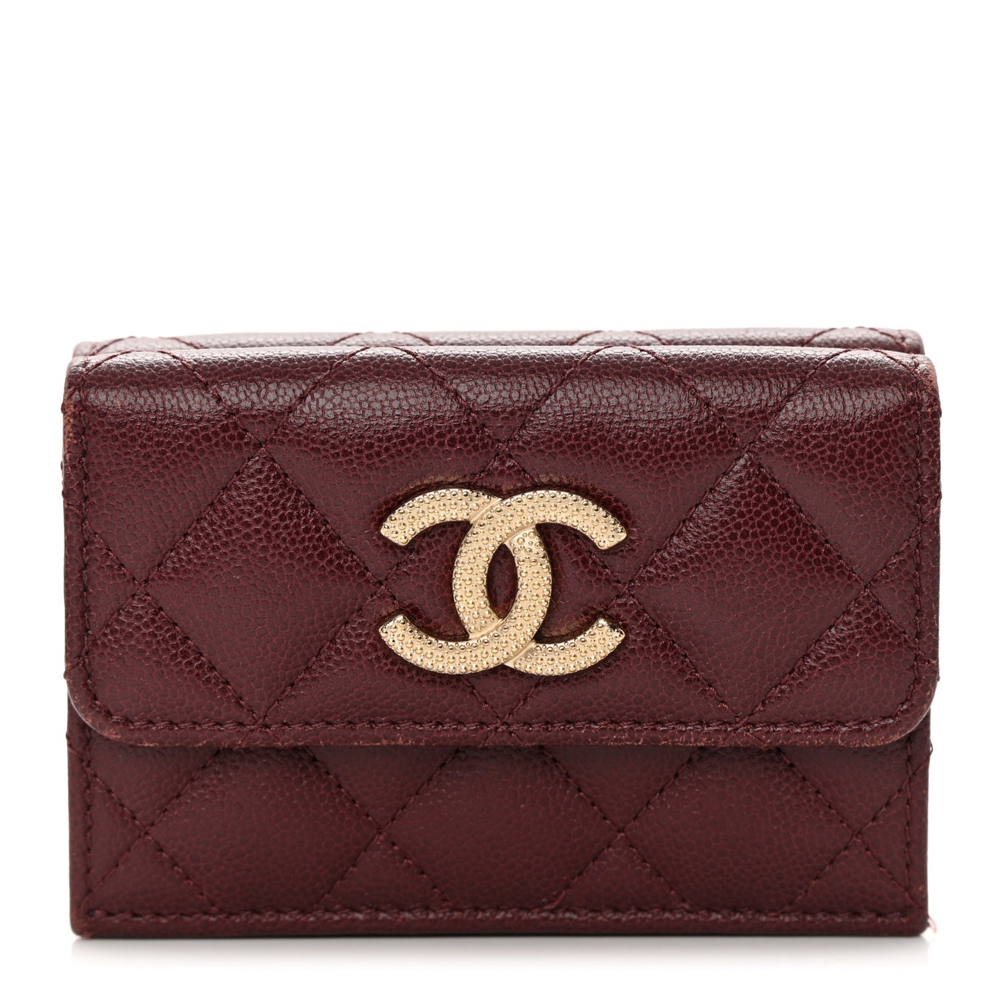 Caviar Quilted Studded CC Double Flap Wallet Burgundy