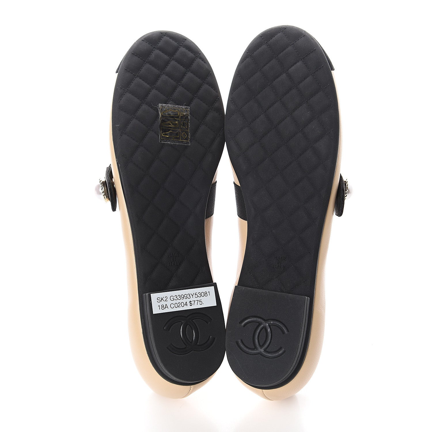 Chanel Lambskin Grosgrain Pearl Ballerina Flats 35 Beige Black 7 of 7