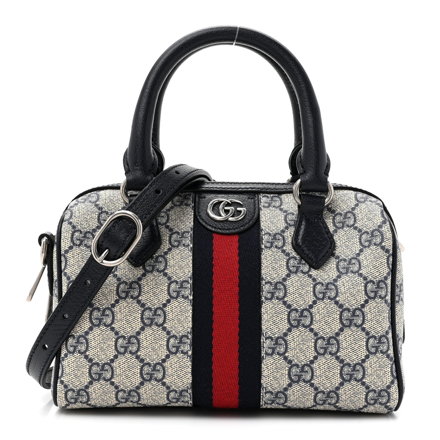 Gucci GG Supreme Monogram Textured Dollar Calfskin Web Mini Ophidia Top Handle Bag Beige Blue 1 of 10