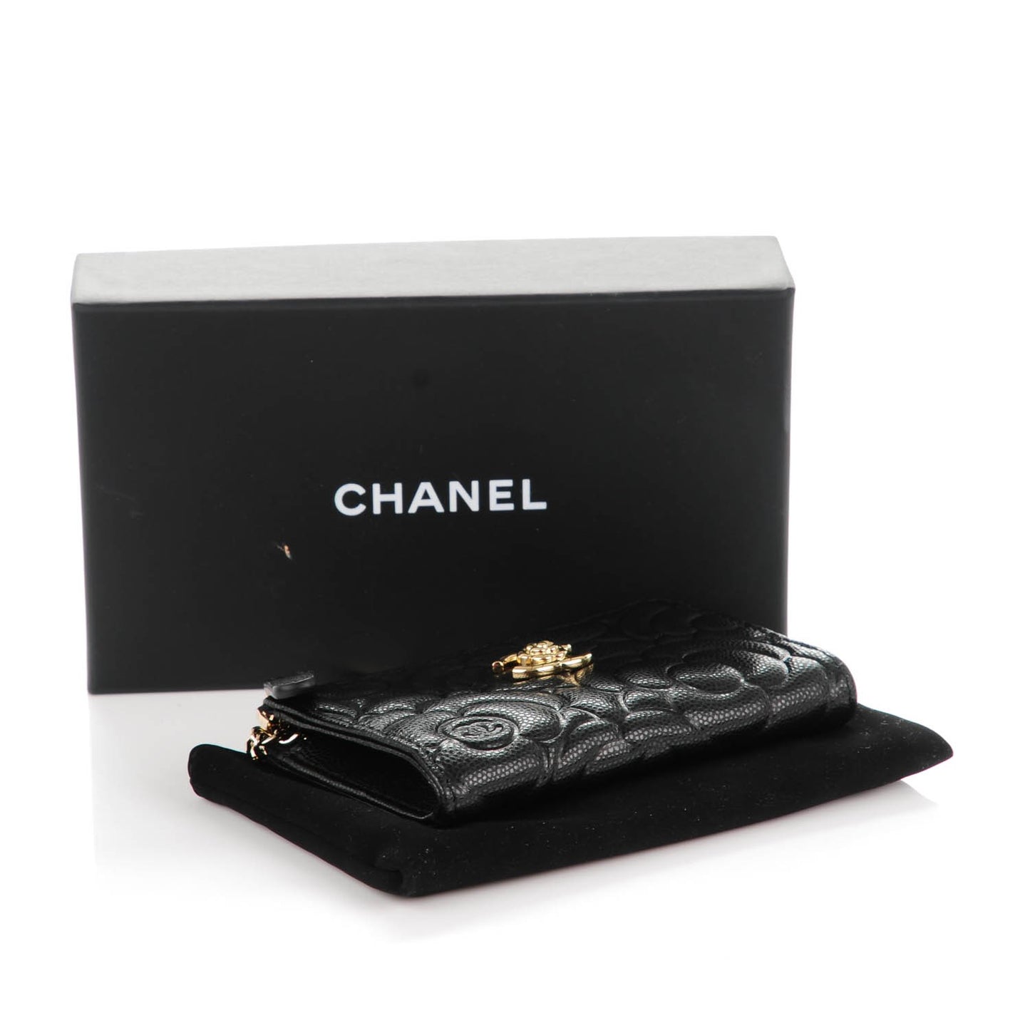 Caviar Camellia Embossed Key Holder Case Black