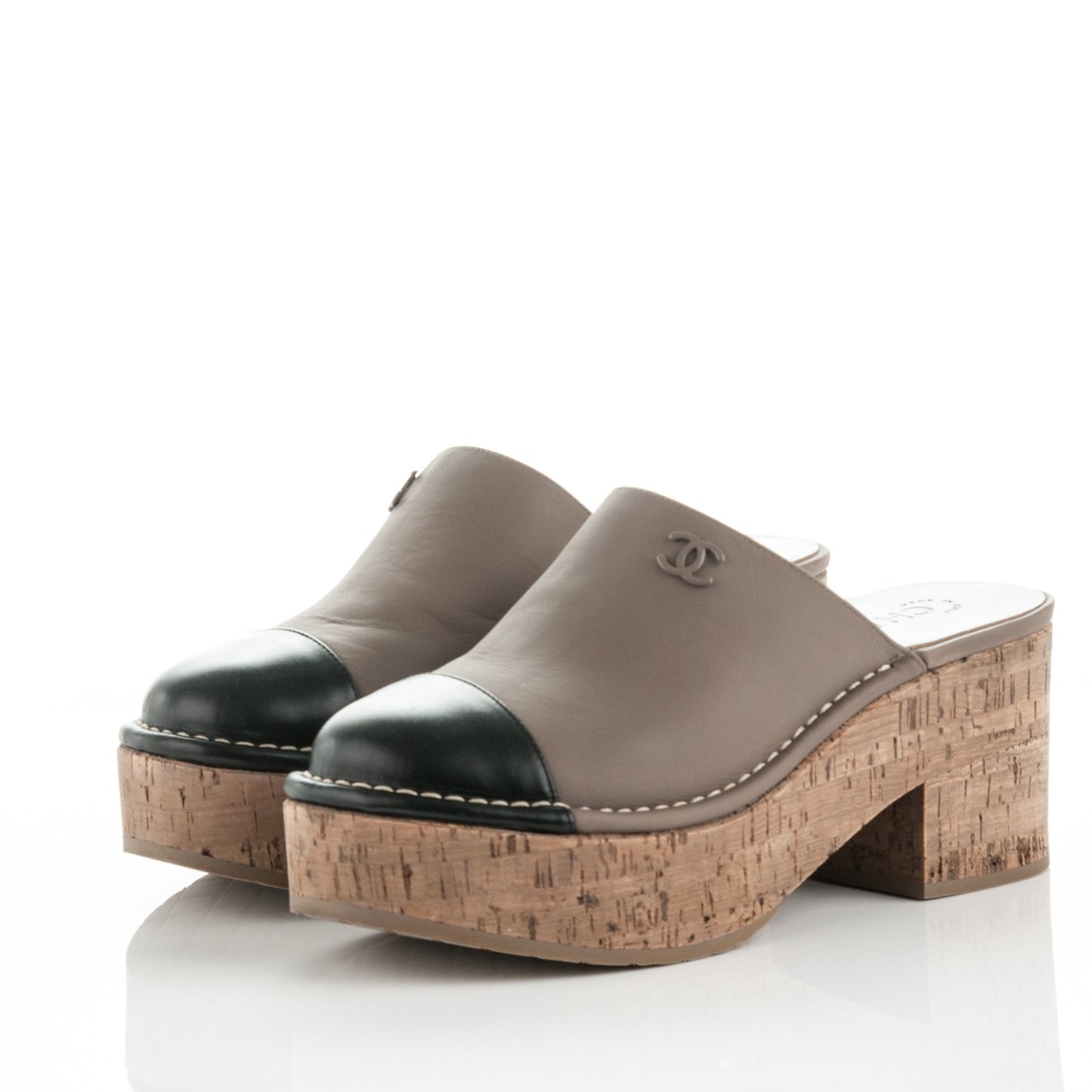 Calfskin Cork Cap Toe CC Clogs 38 Taupe Black