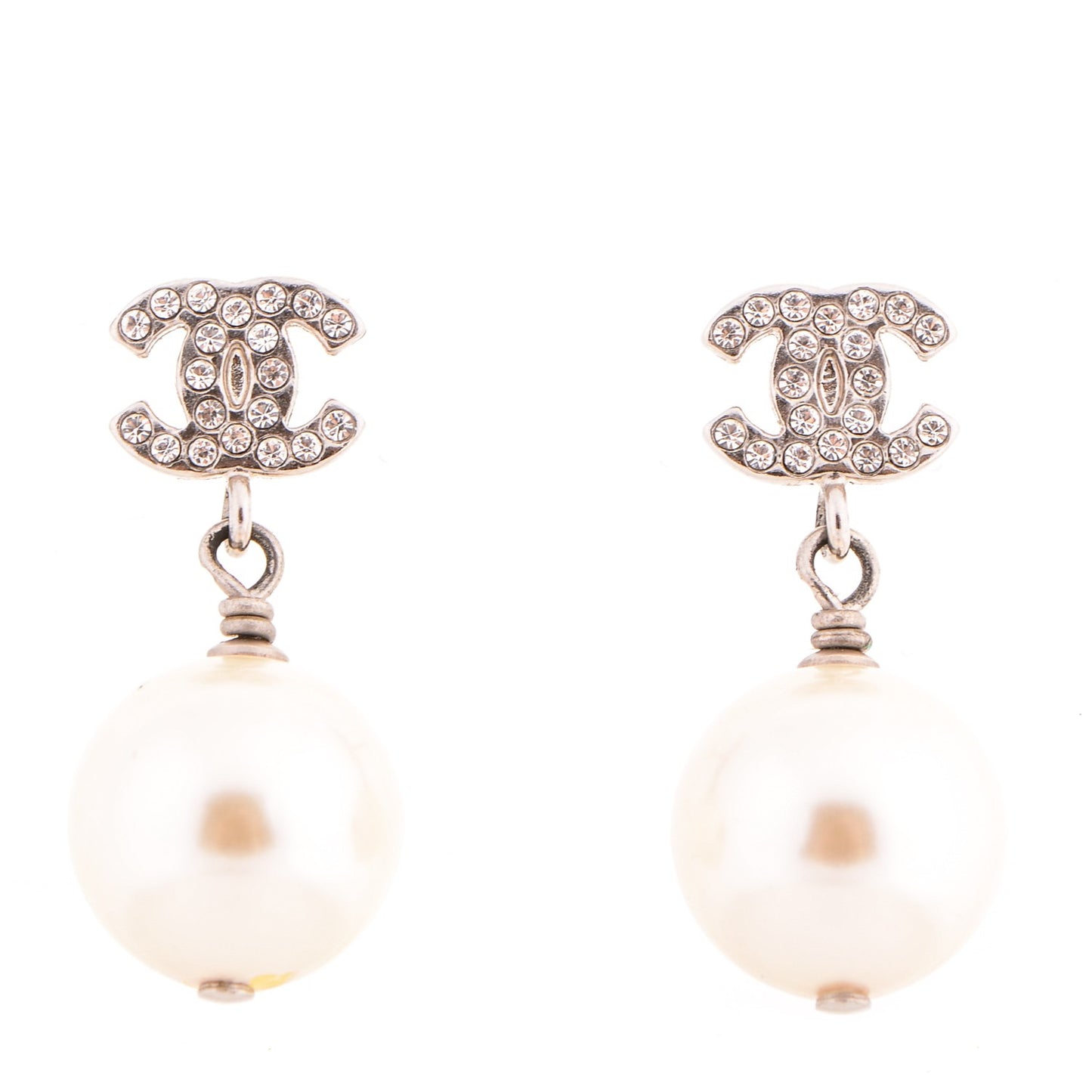 Crystal Pearl CC Drop Earrings Silver