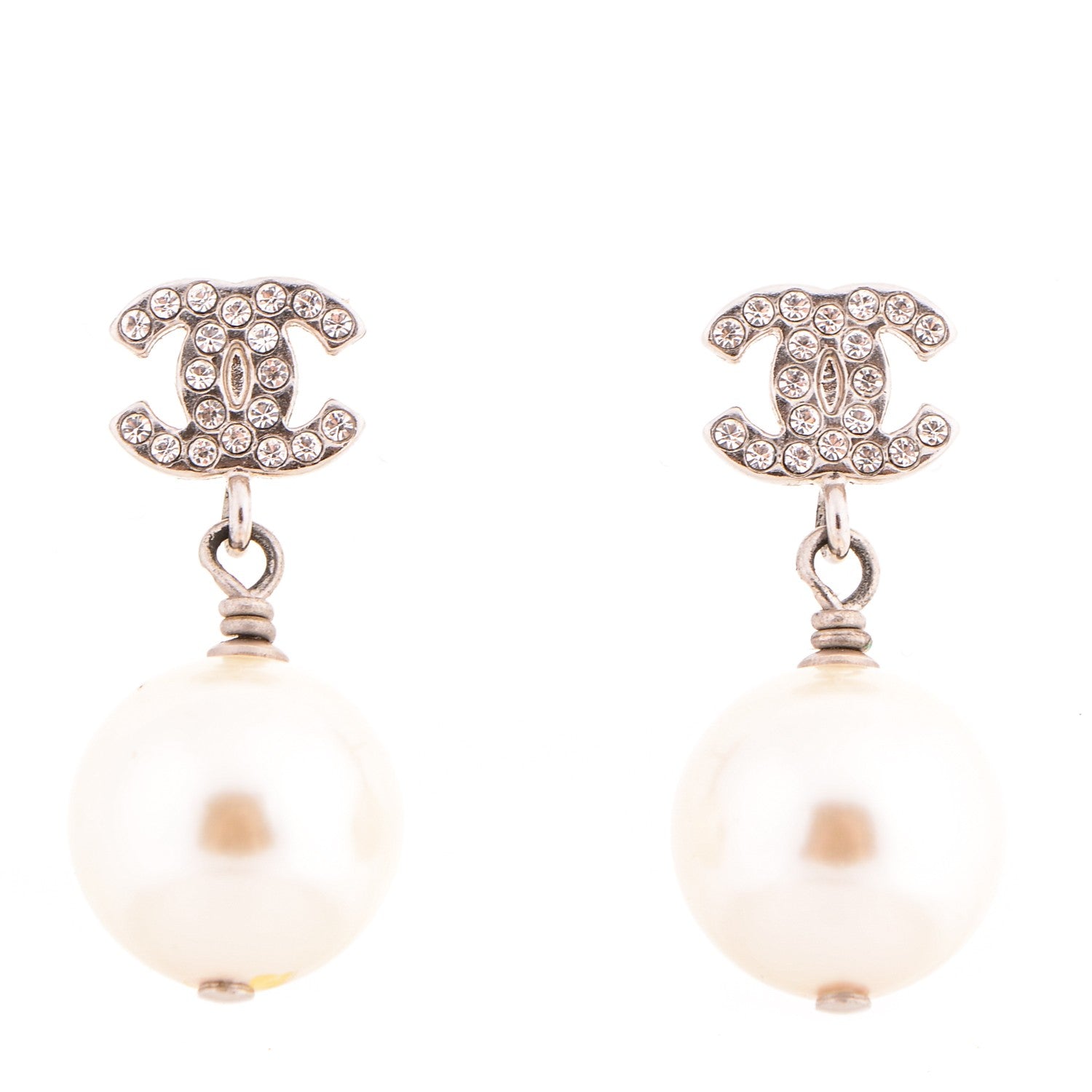 Chanel Crystal Pearl CC Drop Earrings Silver 1 of 4