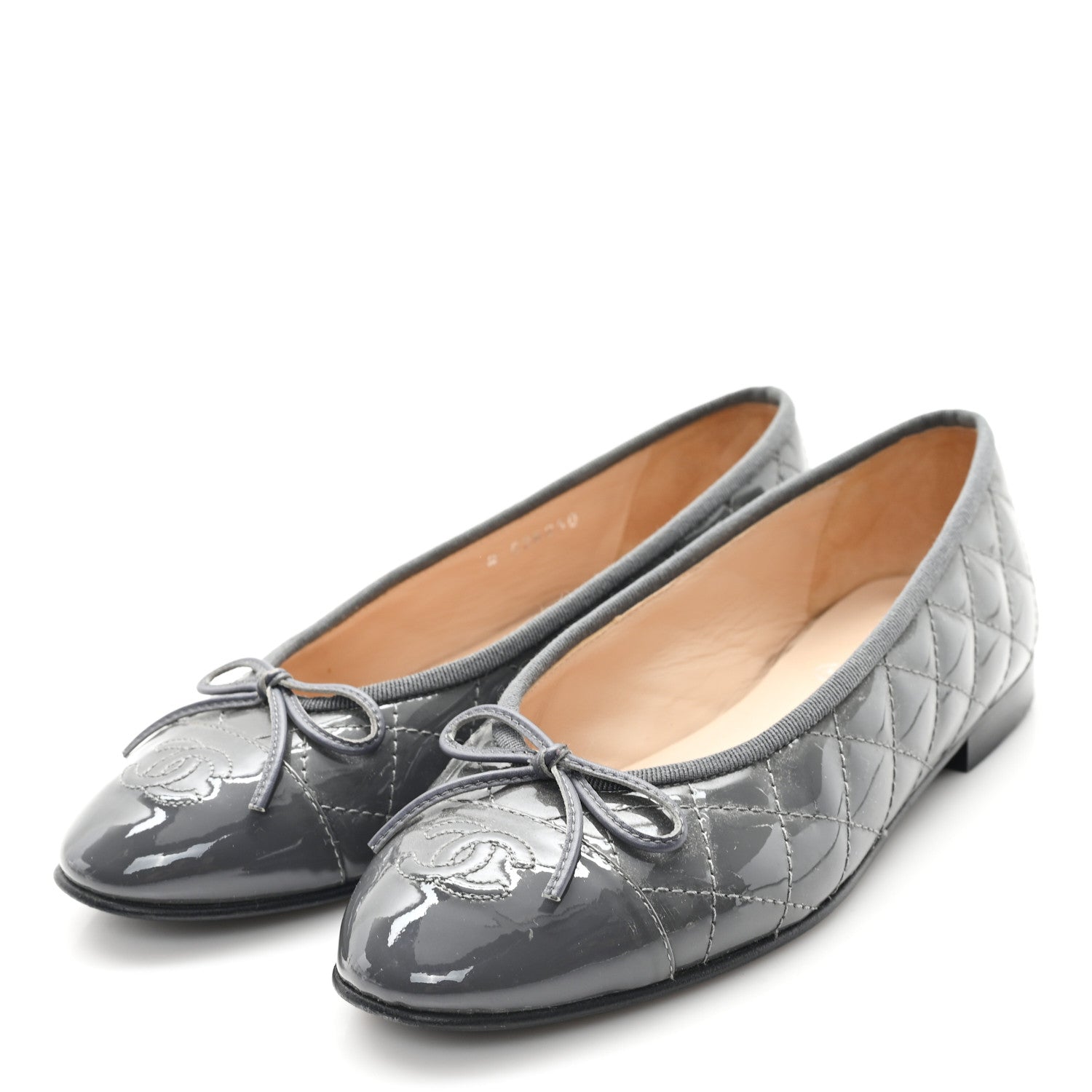 Chanel Patent Calfskin Quilted CC Cap Toe Ballerina Flats 37.5 Grey 4 of 9
