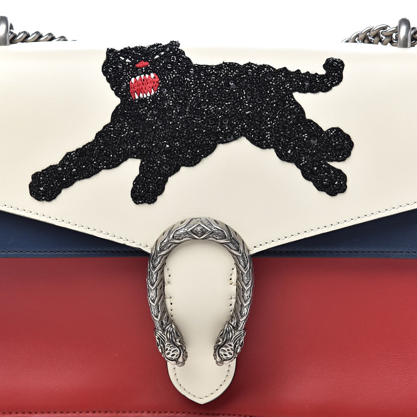 Calfskin Panther Embroidered Medium Dionysus Shoulder Bag White Blue Hibiscus Red