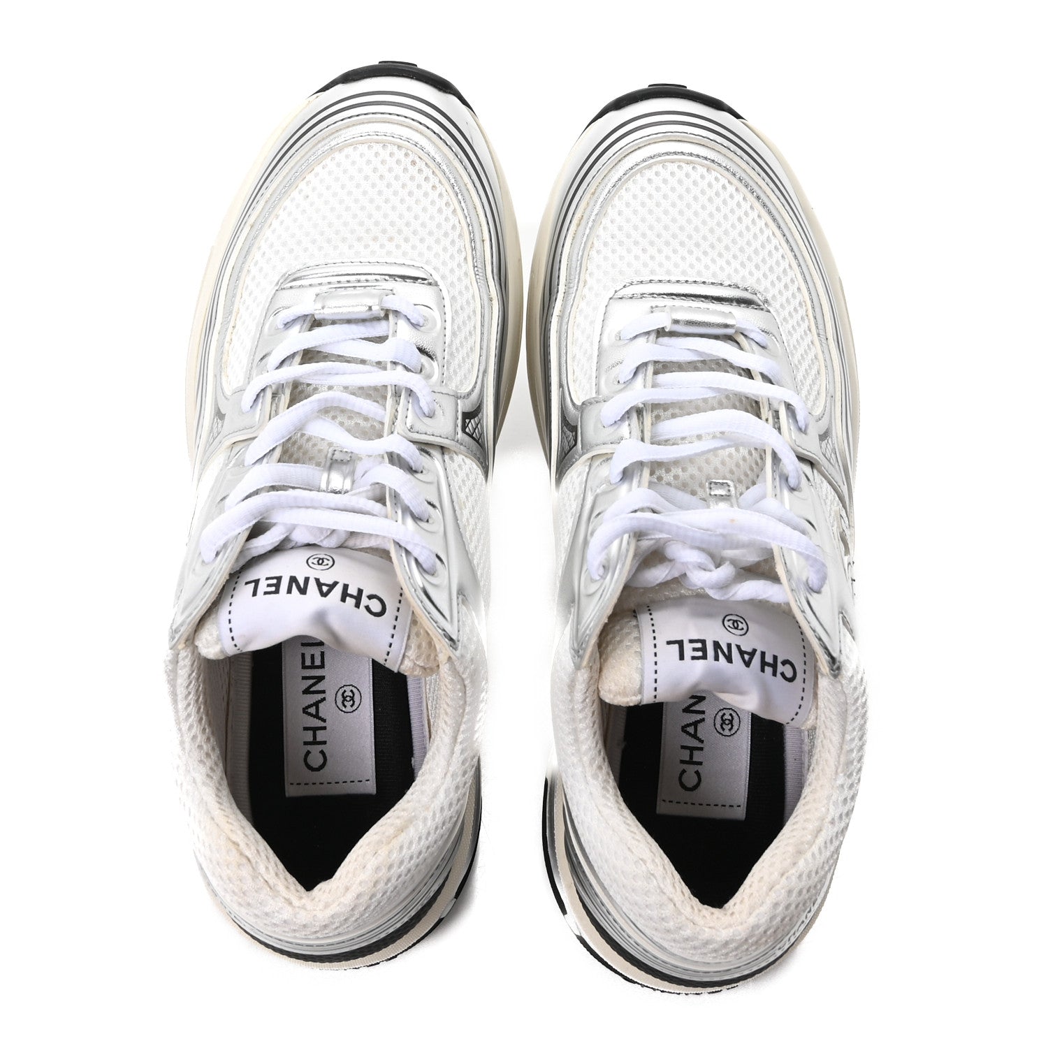 Chanel Fabric Laminated Calfskin Stretch CC Sneakers 36 White Silver 2 of 10