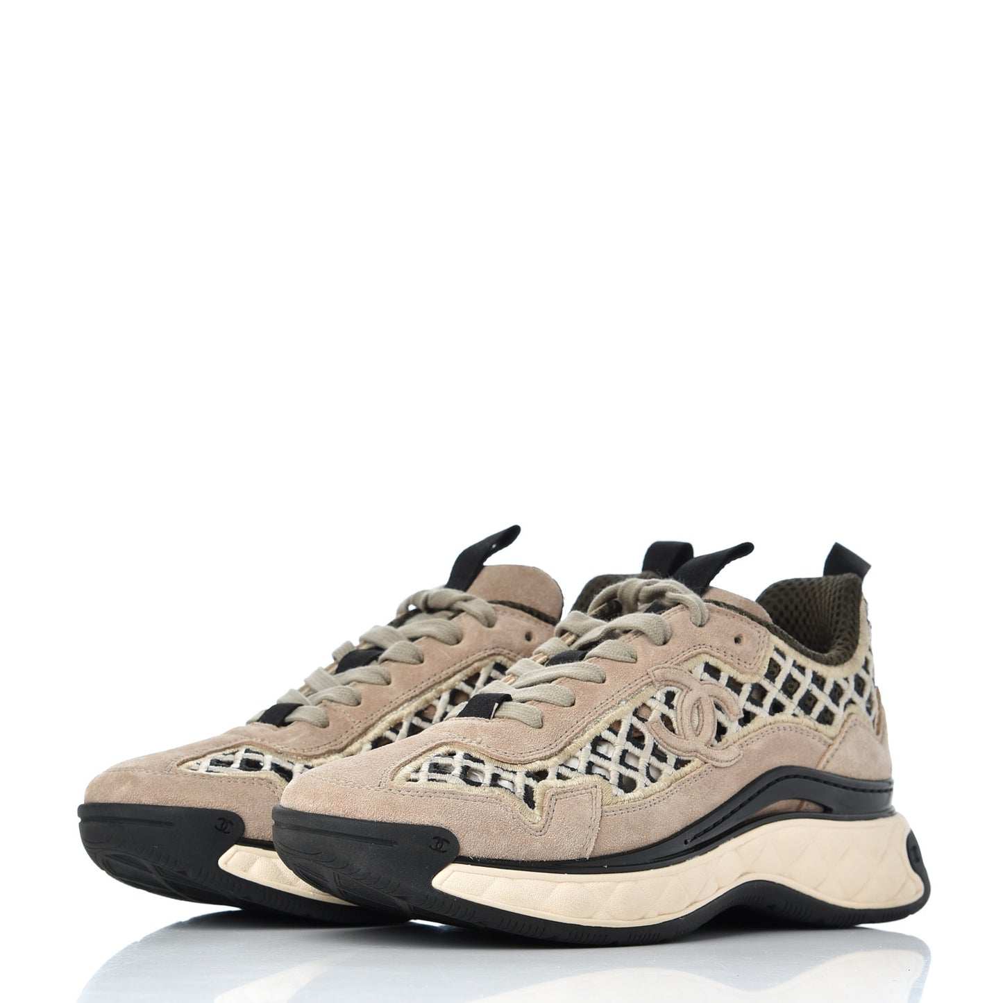 Suede Calfskin Embroidered CC Sneakers 36 Beige Black