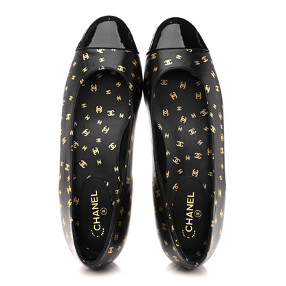 Chanel Lambskin Patent Calfskin Printed CC Cap Toe Ballerina Flats 38.5 Black Gold 2 of 10