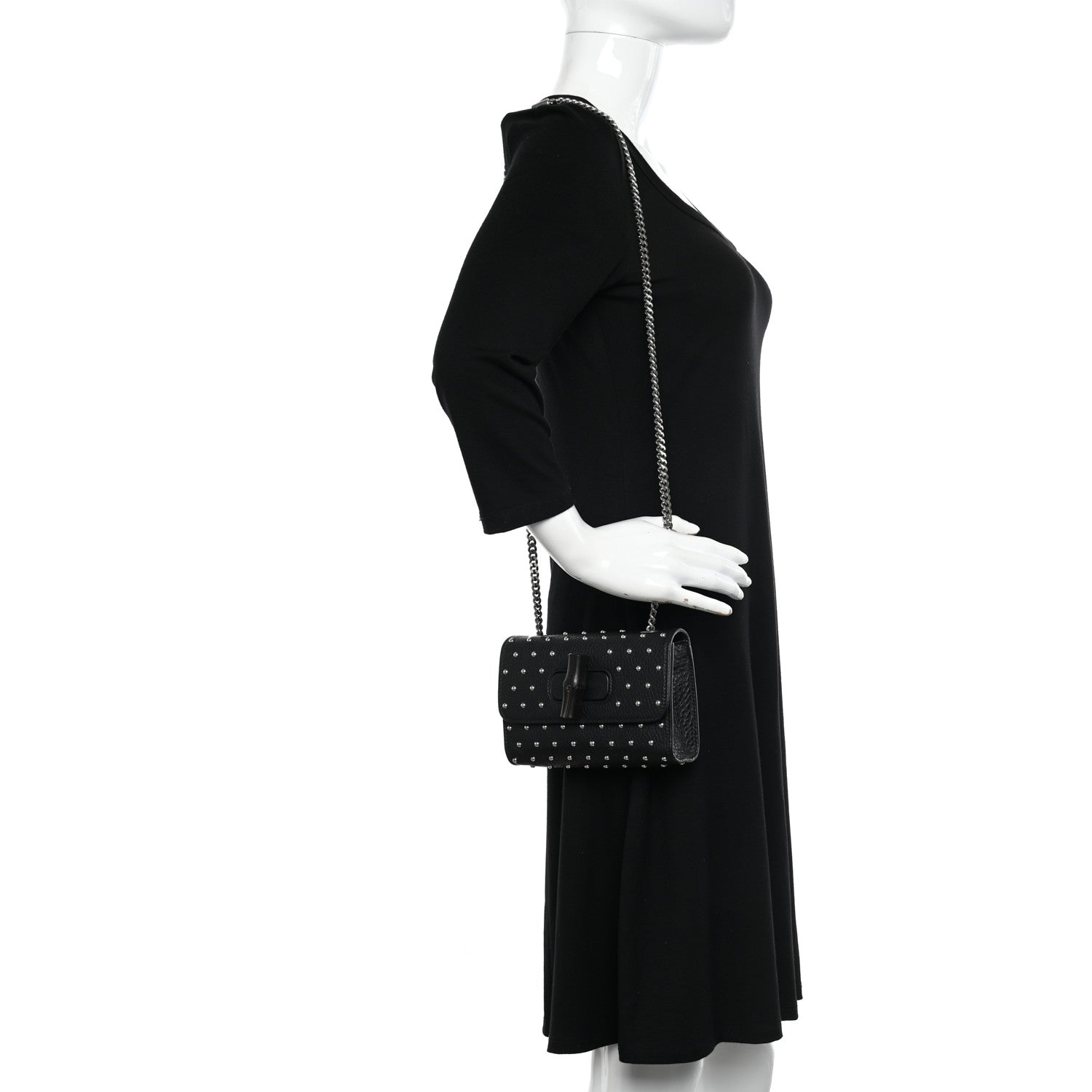 Gucci Calfskin Small Studded Miss Bamboo Shoulder Bag Black 3 of 12