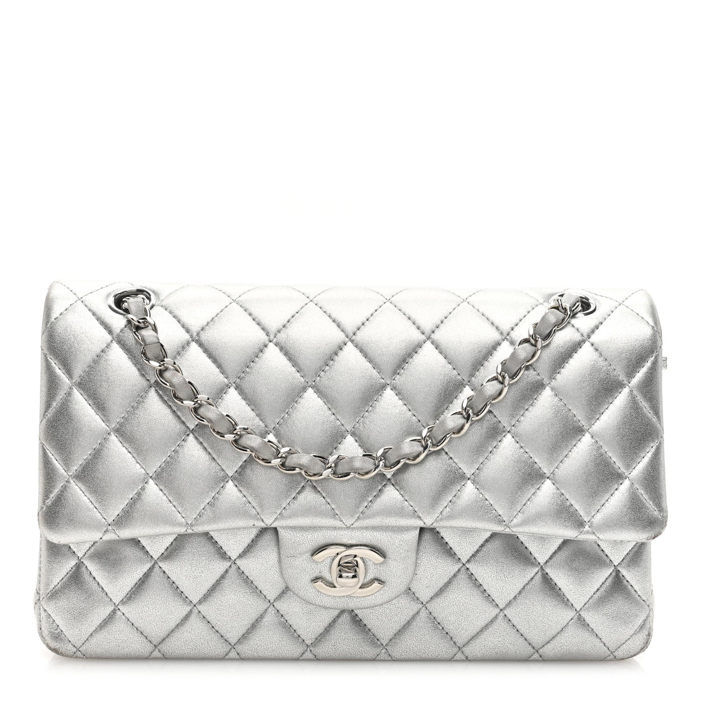 Metallic Lambskin Quilted Medium Double Flap Silver