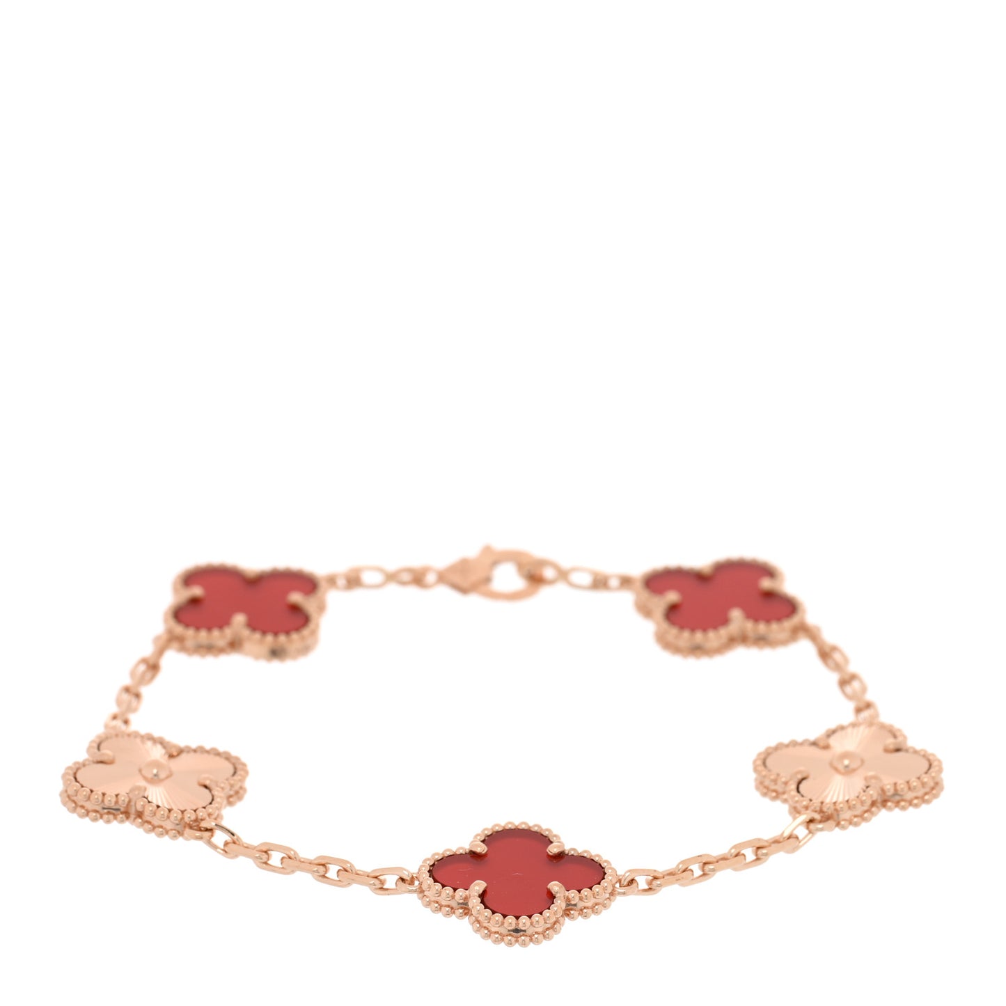 18K Rose Gold Carnelian 5 Motifs Guilloche Vintage Alhambra Bracelet