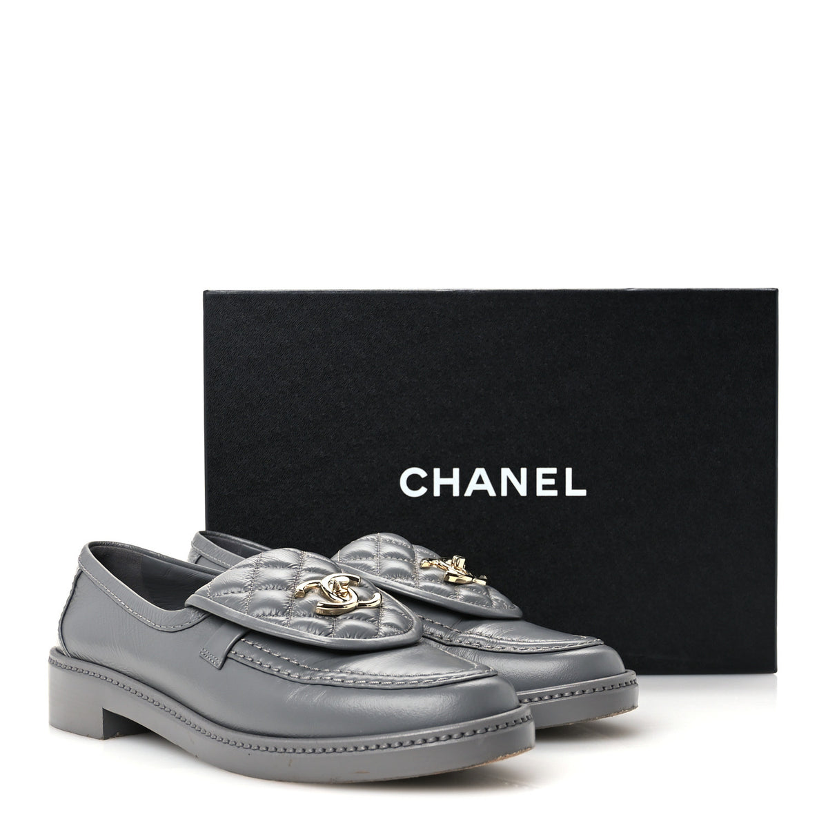 Lambskin Quilted CC Turnlock Loafers 38 Grey