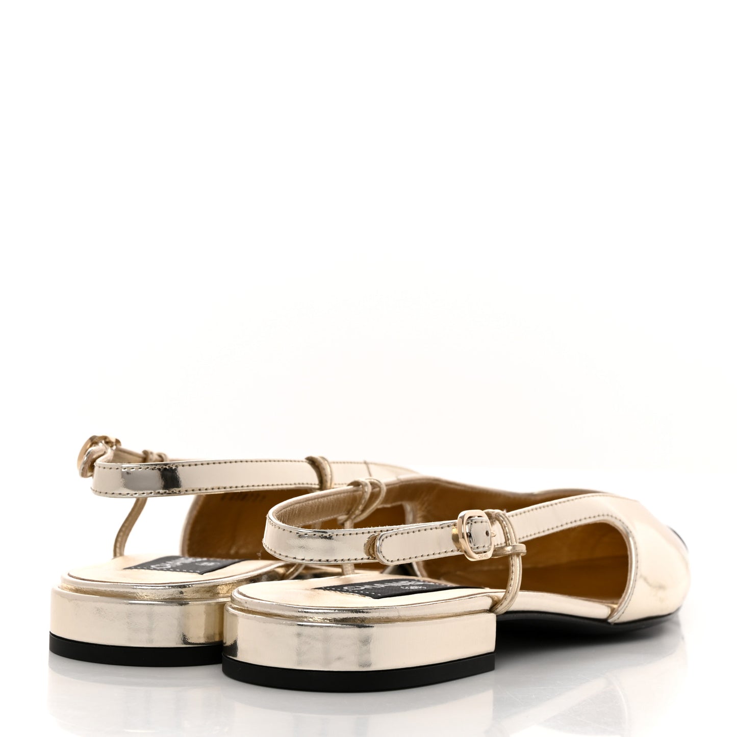 Laminated Calfskin Grosgrain Cap Toe CC Slingback Flats 37 Gold Black