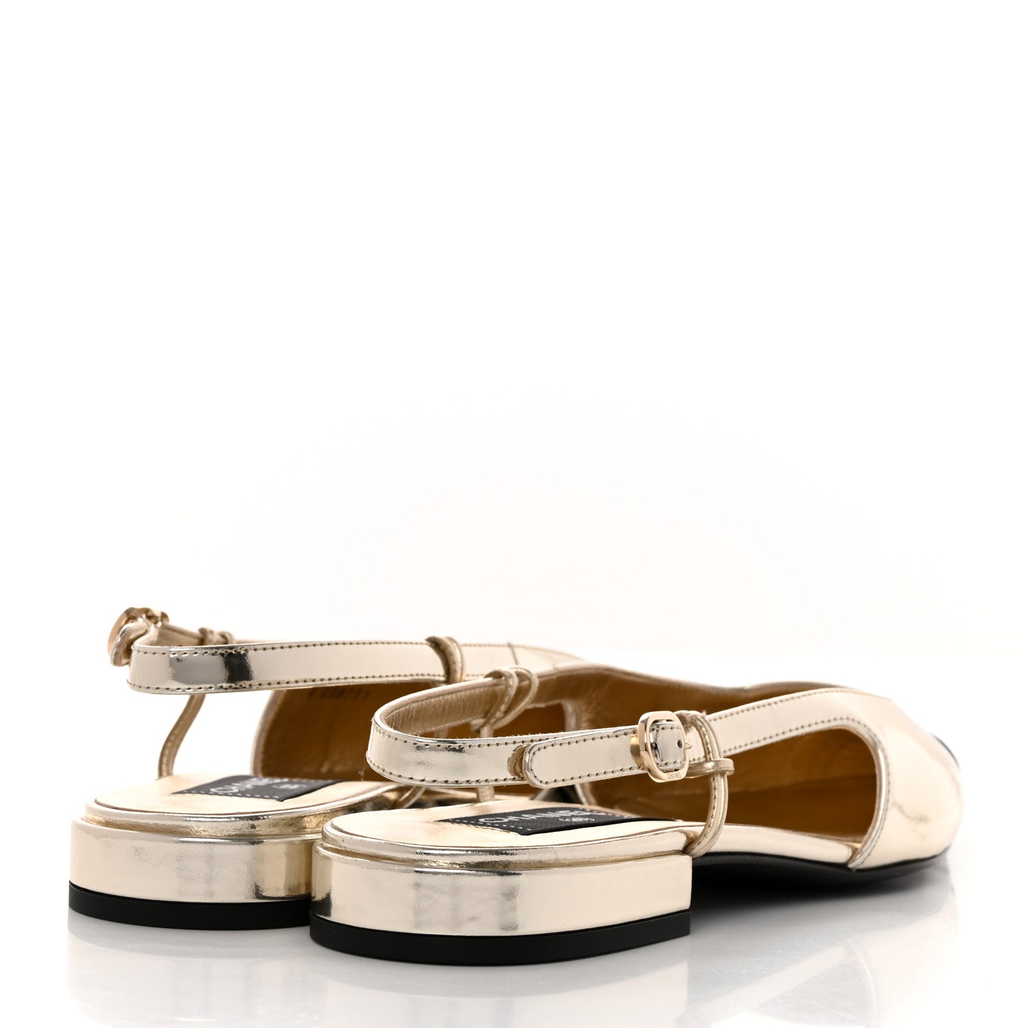 Chanel Laminated Calfskin Grosgrain Cap Toe CC Slingback Flats 37 Gold Black 4 of 9