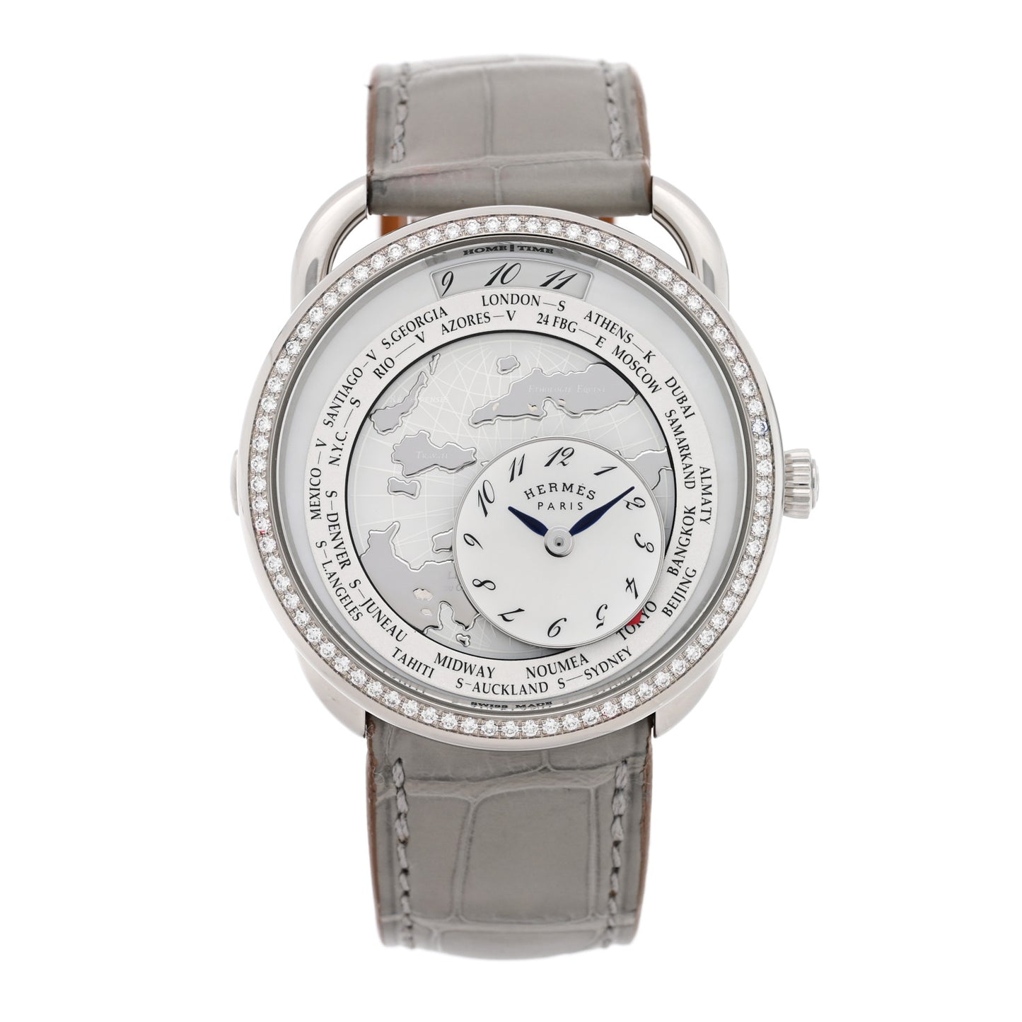 Stainless Steel Alligator Diamond Bezel Mother of Pearl 38mm Arceau Le Temps Voyageur Automatic Watch Gris Perle