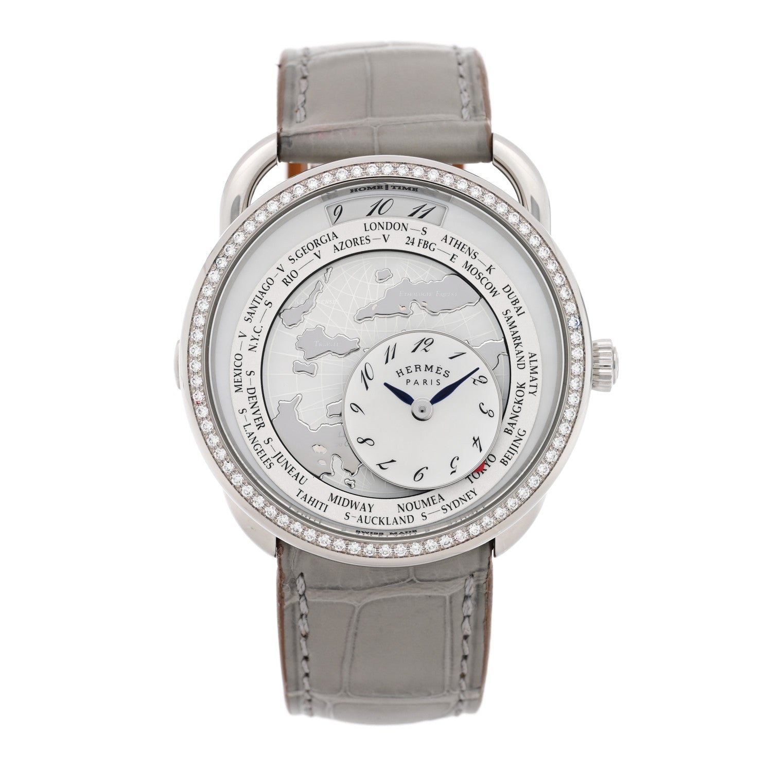 Hermes Stainless Steel Alligator Diamond Bezel Mother of Pearl 38mm Arceau Le Temps Voyageur Automatic Watch Gris Perle 1 of 5
