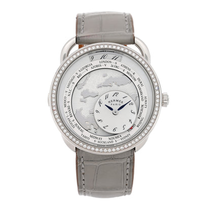 Hermes Stainless Steel Alligator Diamond Bezel Mother of Pearl 38mm Arceau Le Temps Voyageur Automatic Watch Gris Perle 1 of 5