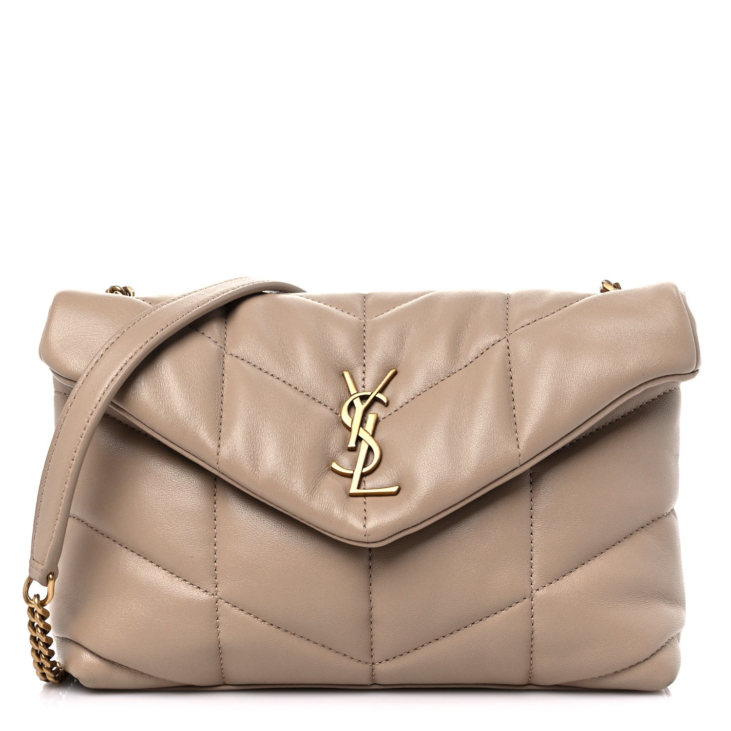 Saint Laurent Lambskin Quilted Toy Loulou Puffer Monogram Chain Satchel Dark Beige 1 of 12