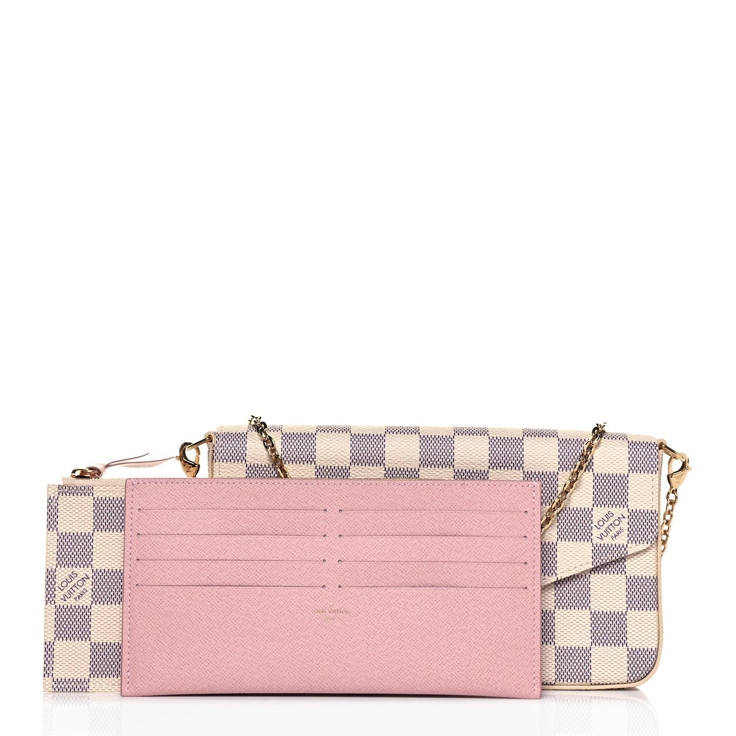 Damier Azur Pochette Felicie Chain Wallet Rose Ballerine