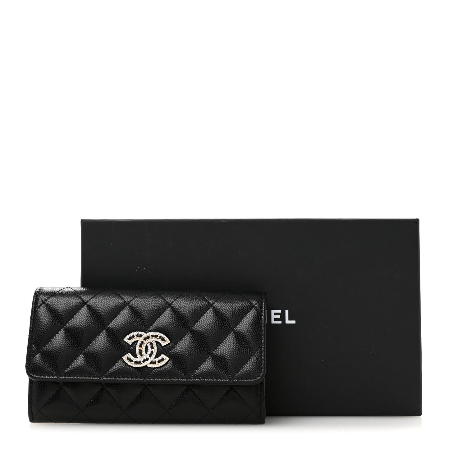 Caviar Quilted Crystal CC Large Gusset Flap Wallet Black