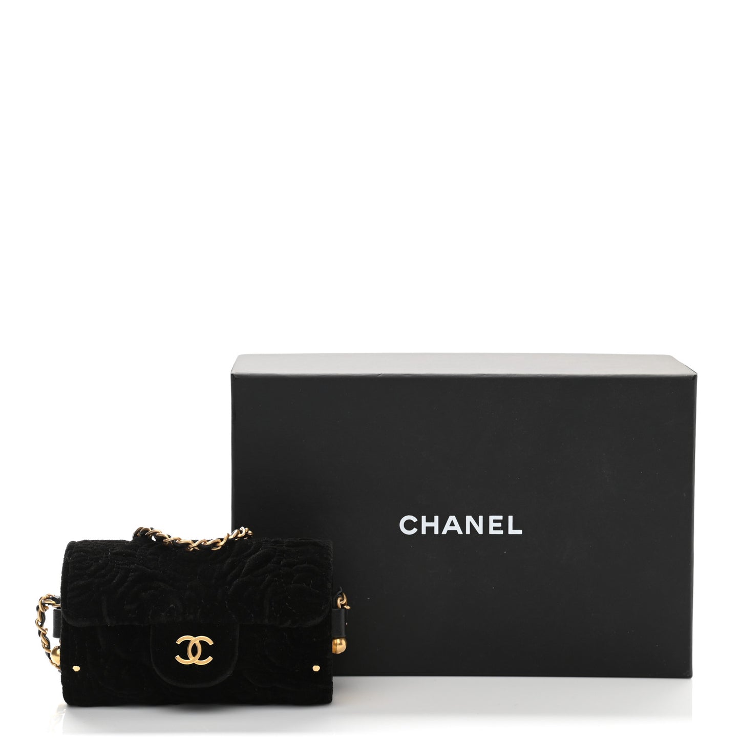 Velvet Camellia Embossed Jewel Belt Card Holder With Chain Black