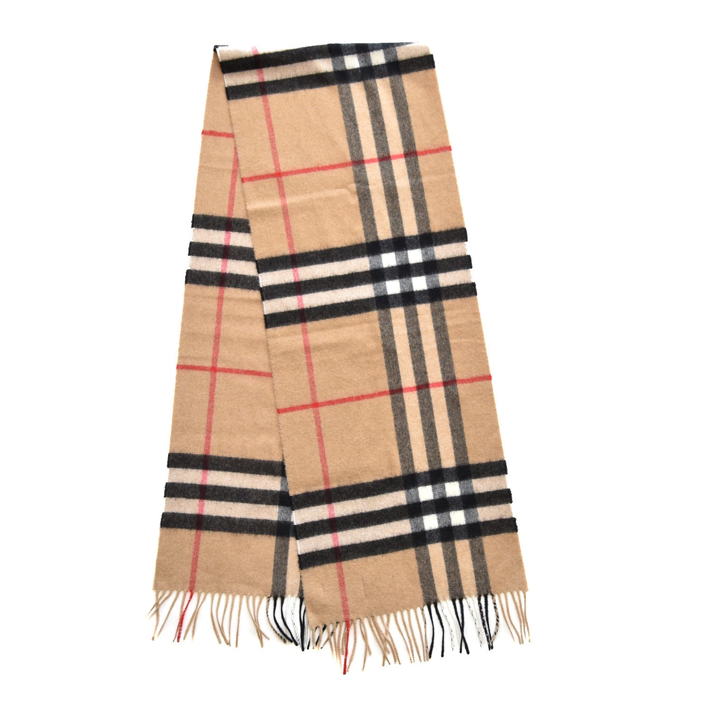 Cashmere Giant Check Fringe Scarf Camel