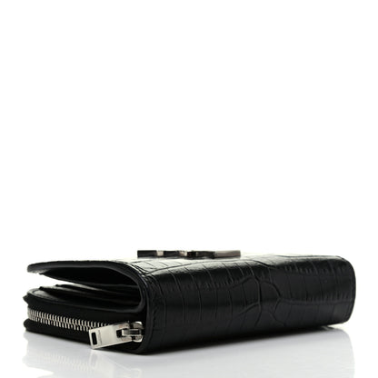 Saint Laurent Calfskin Crocodile Embossed Monogram Compact Wallet Black 4 of 10