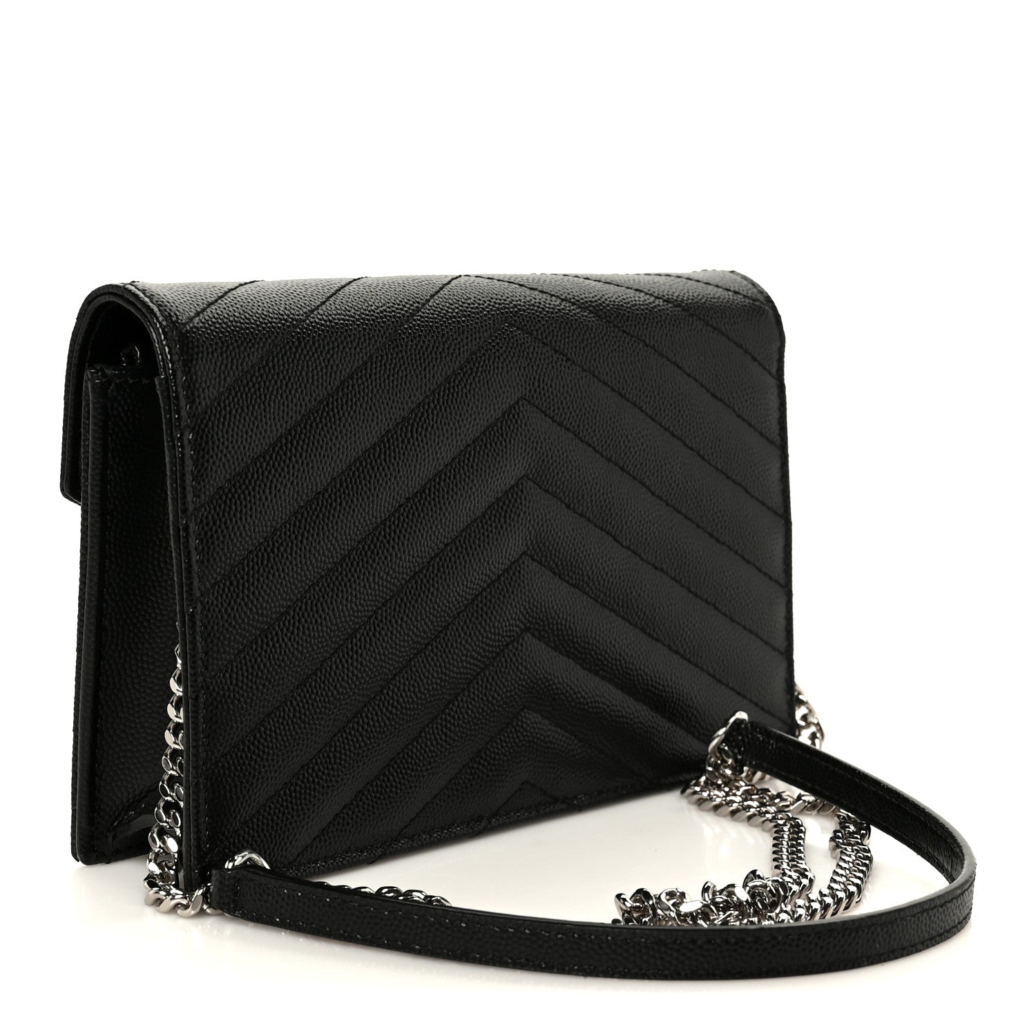 Saint Laurent Grain De Poudre Matelasse Chevron Monogram Envelope Chain Wallet Black 3 of 10