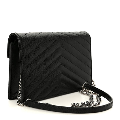 Saint Laurent Grain De Poudre Matelasse Chevron Monogram Envelope Chain Wallet Black 3 of 10