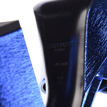 Saint Laurent Metallic Calfskin Farrah 80 Crisscross Platform Sandal 37 Blu 6 of 9