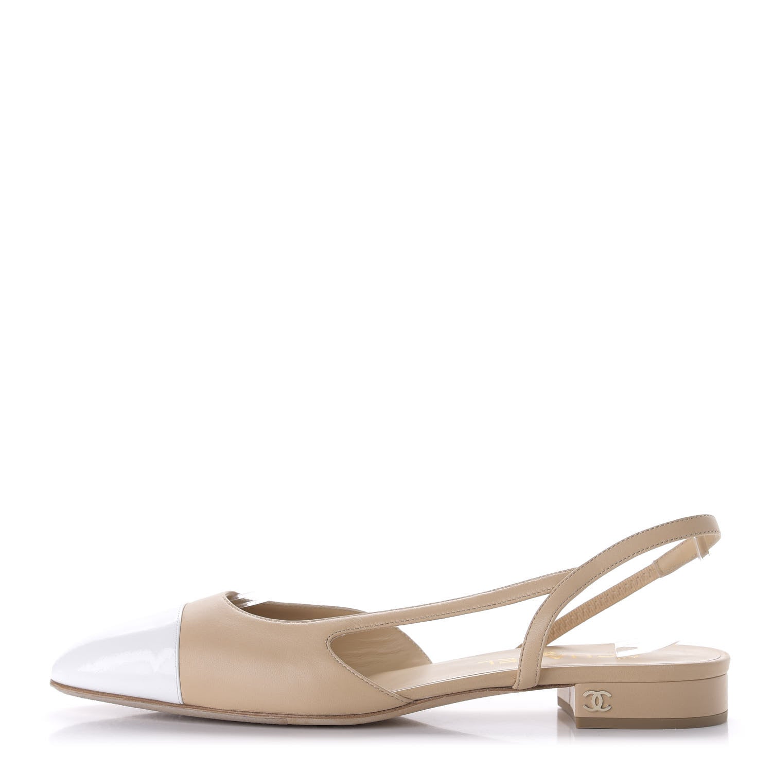 Chanel Lambskin Patent Cap Toe CC Slingback Sandals 40 Beige White 1 of 9