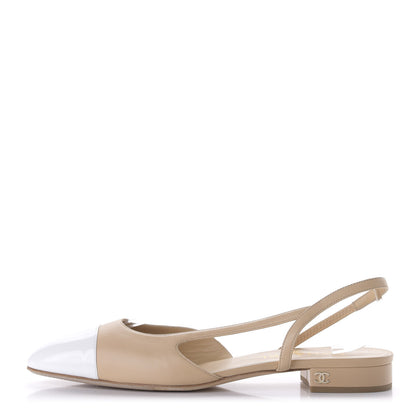 Chanel Lambskin Patent Cap Toe CC Slingback Sandals 40 Beige White 1 of 9