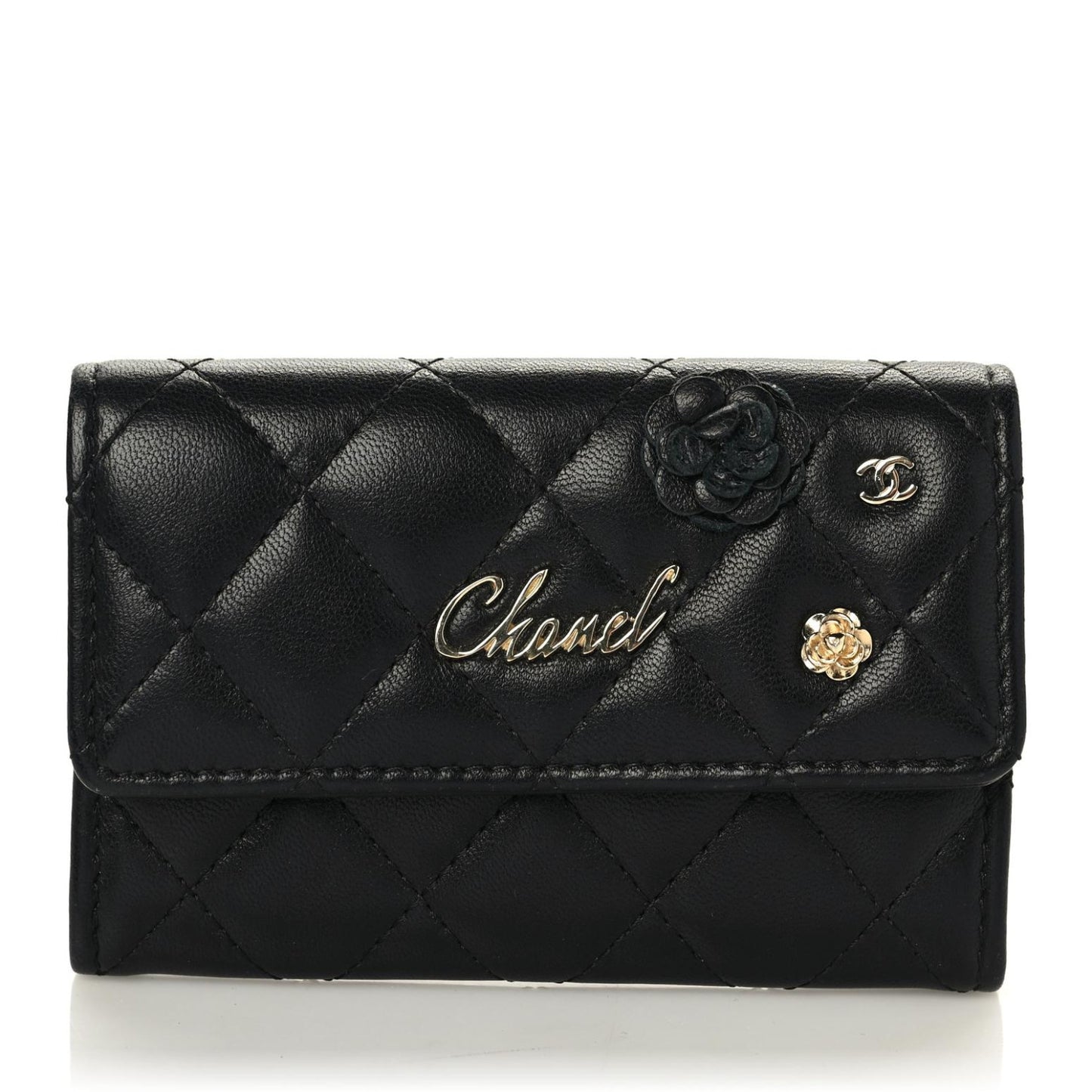 Lambskin Quilted Camellia Flap Card Holder Black