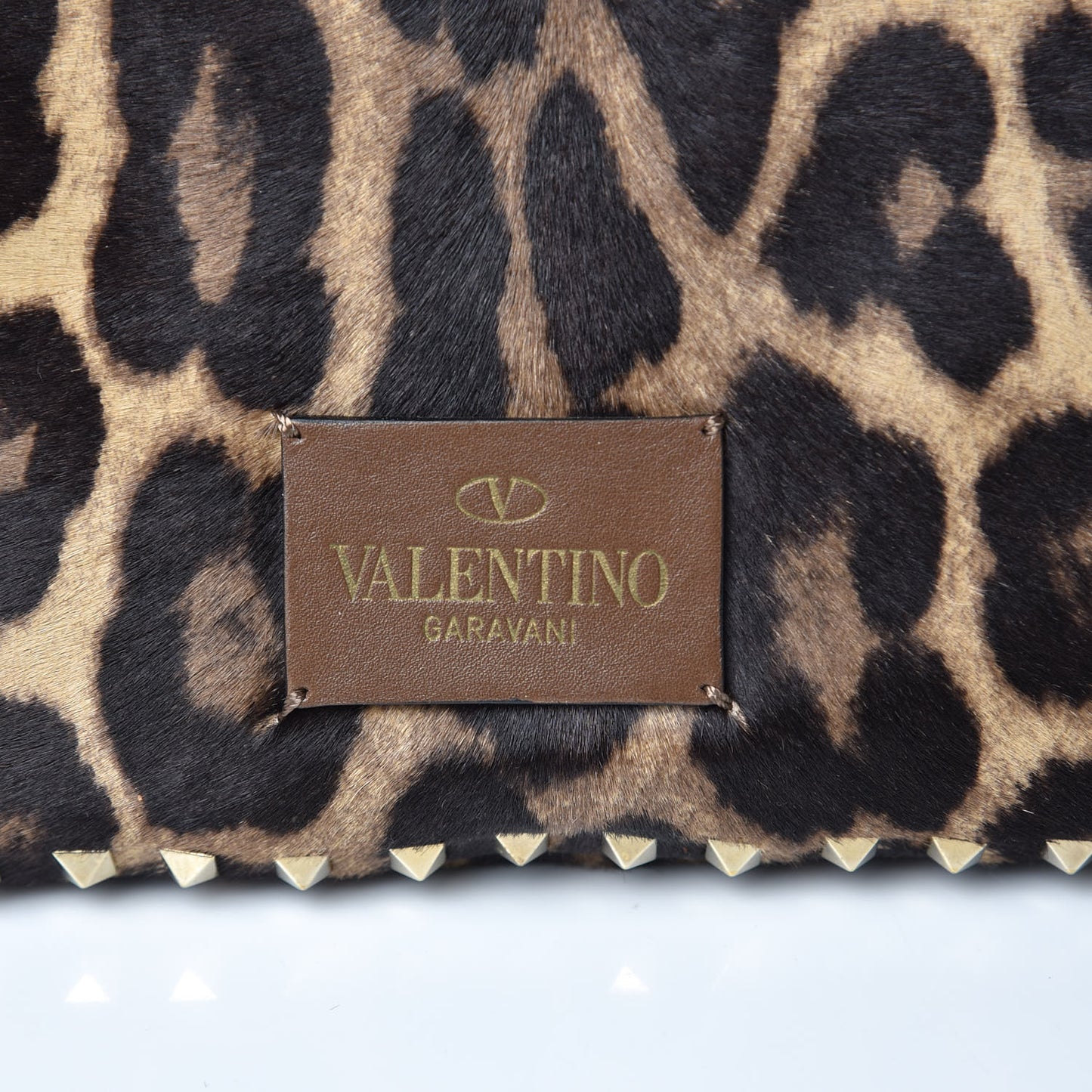 Calf Hair Leopard Print Large Rockstud Frame Handle Bag