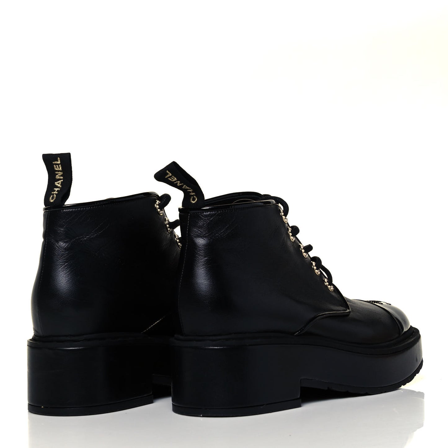 Shiny Calfskin Pearl Lace Up Combat Short Boots 38.5 Black