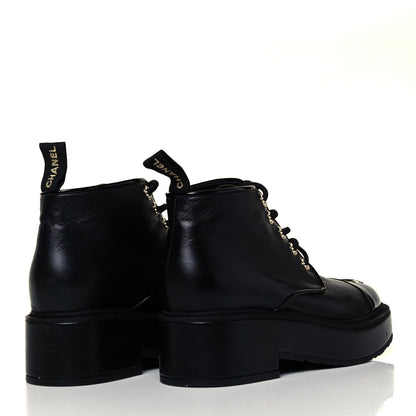 Chanel Shiny Calfskin Pearl Lace Up Combat Short Boots 38.5 Black 4 of 8
