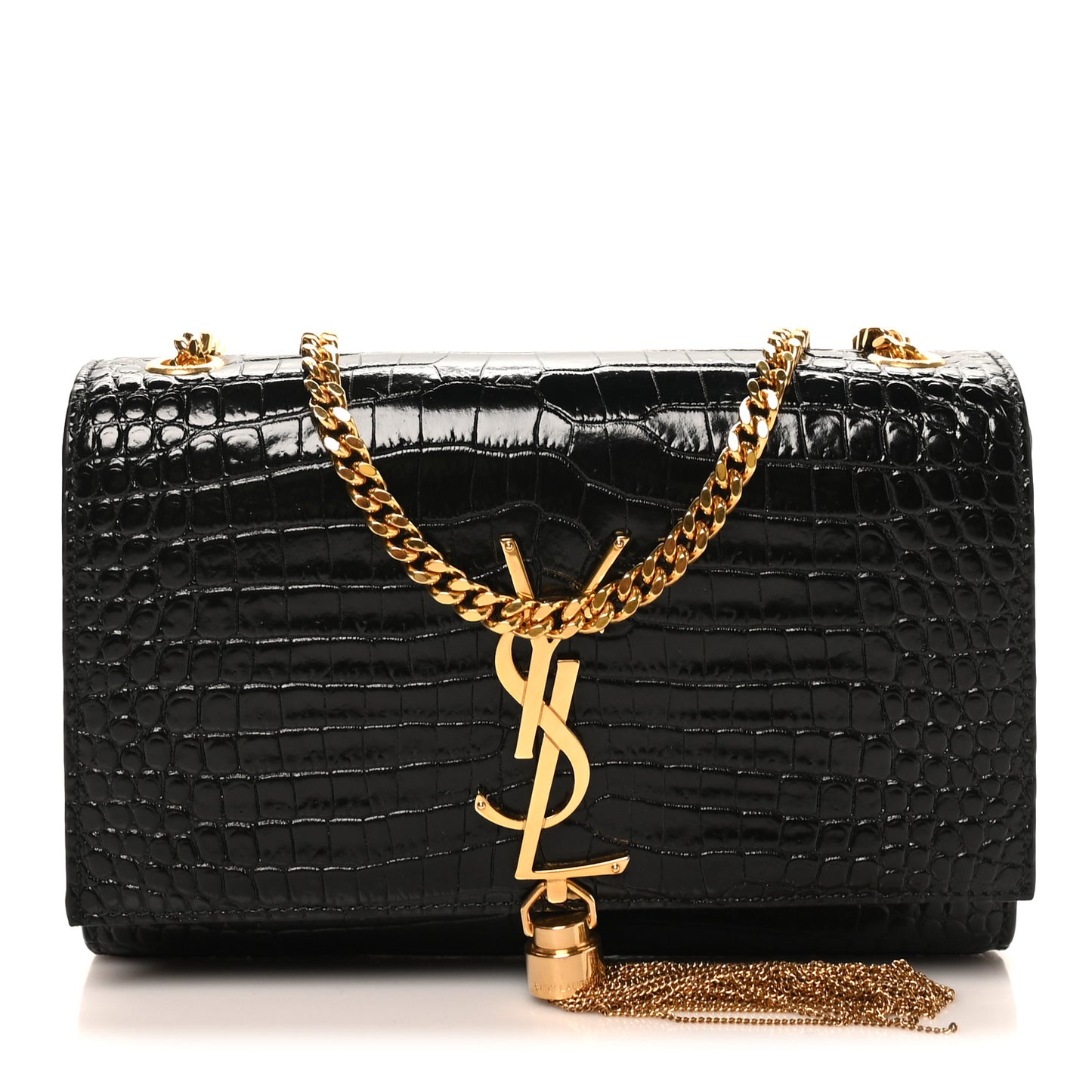 Calfskin Crocodile Embossed Small Classic Monogram Kate Tassel Satchel Black