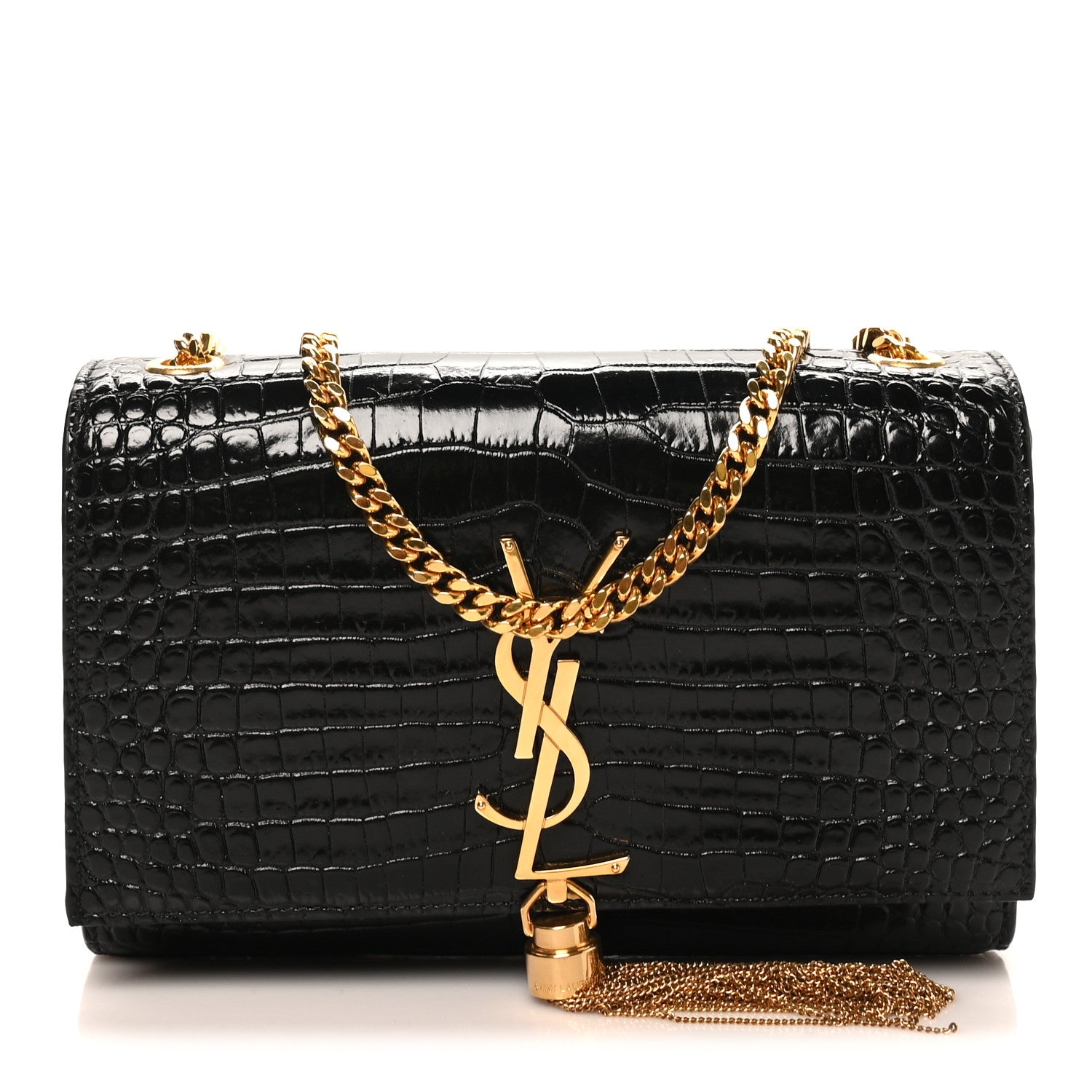 Saint Laurent Calfskin Crocodile Embossed Small Classic Monogram Kate Tassel Satchel Black 1 of 10